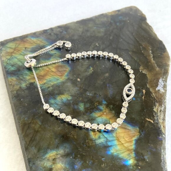 Sterling Silver 925 Blue Topaz & CZ Evil Eye Adjustable Bolo Tennis Bracelet - Picture 12 of 16